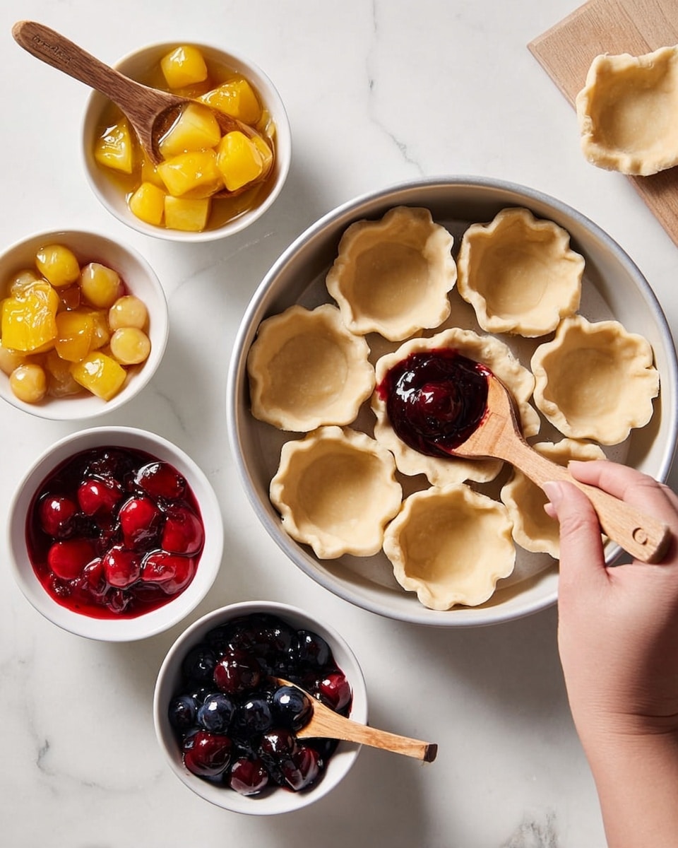 The image shows a large round white pan filled with empty tart shell shapes, each with a smooth light beige texture, shaped like small cups. Woman's hand is holding a wooden spoon with dark red cherry filling, placing it into one tart shell. Around the pan, three small white bowls rest on a white marbled surface: one bowl holds yellow peach chunks in syrup with a wooden small spoon, another bowl with bright red cherry filling, and the third bowl has dark purple blueberry filling with a small wooden spoon inside. The scene is brightly lit, giving the fruit preserves a shiny, juicy look. photo taken with an iphone --ar 4:5 --v 7