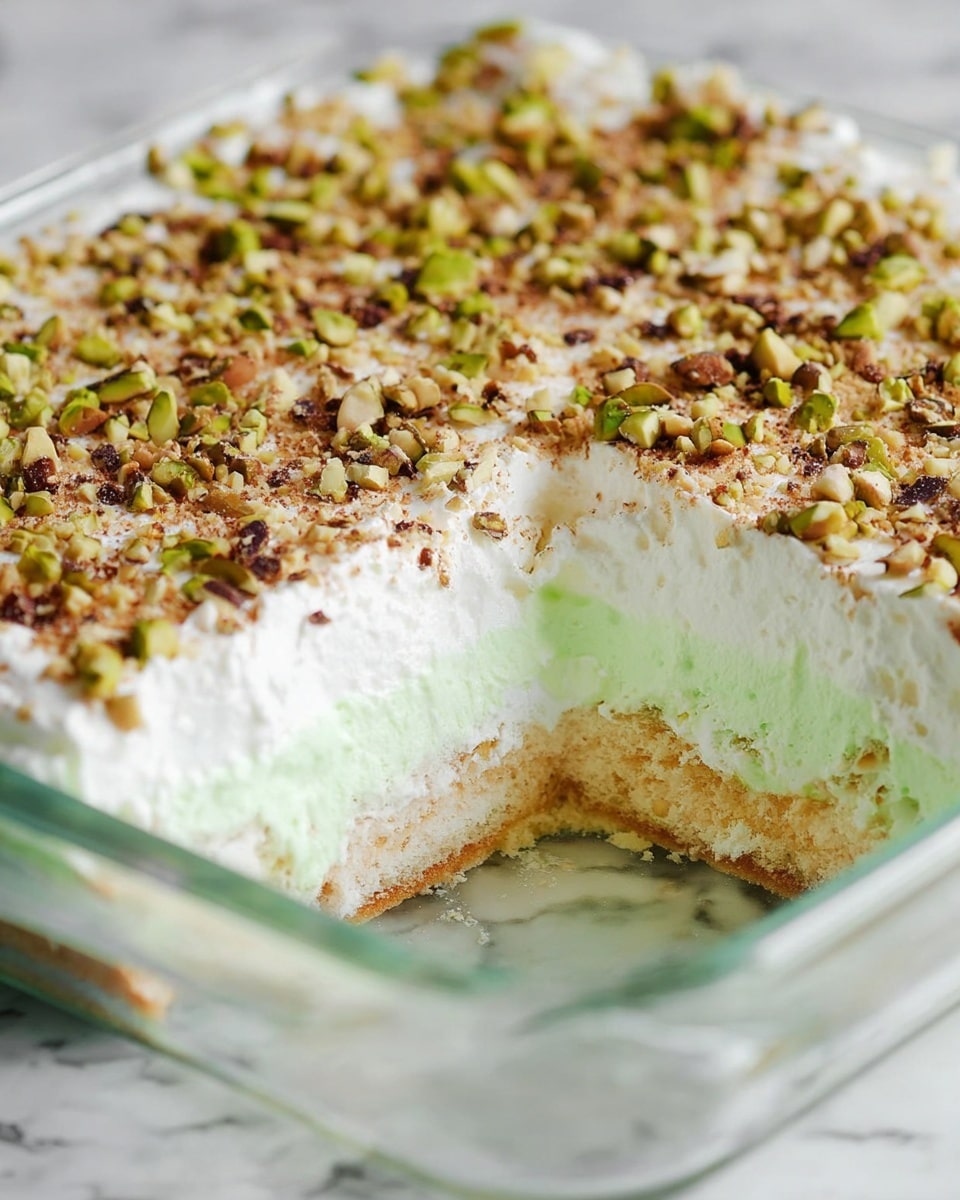 The image shows a square dessert with three layers inside a clear glass dish on a white marbled surface. The bottom layer is a light beige sponge or cake, topped by a smooth white cream layer. Above that is a light green creamy layer with a fluffy white cream topping that is thickly sprinkled with chopped nuts in shades of brown and green, covering the entire surface. A section of the dessert is missing, revealing the inside layers clearly. photo taken with an iphone --ar 4:5 --v 7