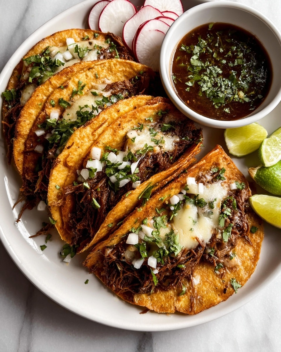 Three folded golden-brown tacos sit closely on a white plate over a white marbled surface, each taco filled with shredded dark brown meat mixed with melted white cheese. On top of the filling are small pieces of chopped white onion and green cilantro. To the upper side of the plate, a small white bowl holds a dark reddish-brown sauce topped with finely chopped green cilantro and white onion. Around the plate are thin slices of pale red radish and lime wedges with light green flesh. The scene is softly lit, showing the textures of the crispy taco shells and moist filling clearly. Photo taken with an iphone --ar 4:5 --v 7