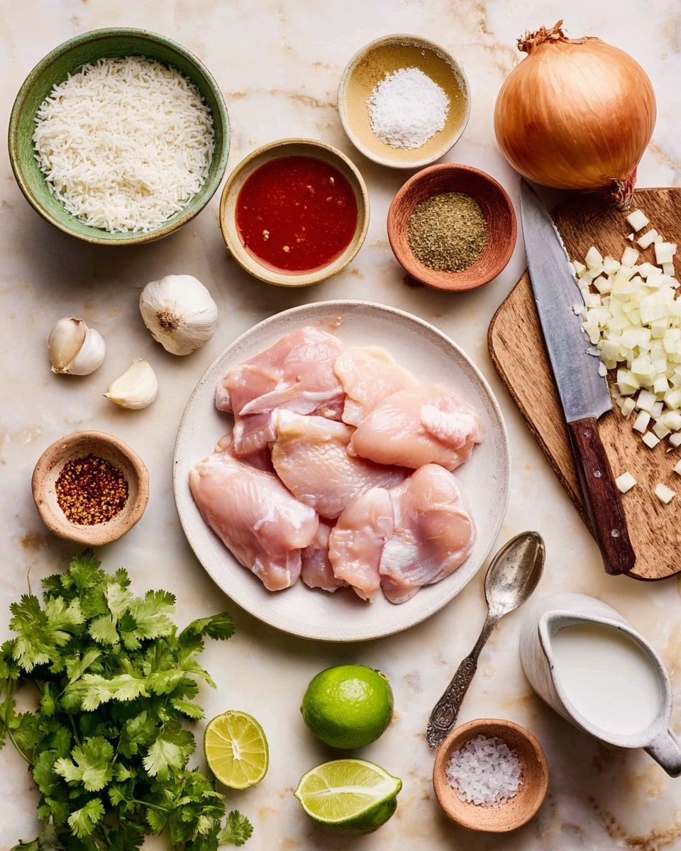 The image shows a top-down view of raw chicken pieces on a white plate at the center, surrounded by various ingredients on a white marbled surface. To the top right, a wooden cutting board holds a whole brown onion with some diced onion pieces next to a large kitchen knife. Around the plate, there is a green bowl with white rice and a spoon, a small beige bowl with red sauce, and a small bowl with mixtures of spices. Nearby, a bowl with three garlic cloves sits to the left. Below the plate, there are fresh green cilantro sprigs. To the right of the plate, a small pitcher with white coconut milk, a small bowl with salt and pepper, and a small brown bowl containing halved and whole limes add more color. The overall composition is clean and organized, with natural colors and textures. photo taken with an iphone --ar 4:5 --v 7