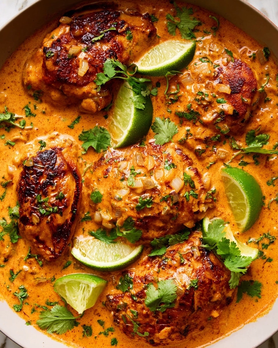 The image shows five browned pieces of chicken covered in a thick, creamy orange sauce with visible small chunks of onion and herbs throughout. Bright green leaves of cilantro are placed on top and around the chicken, adding fresh color. Lime wedges rest among the chicken pieces, their light green and yellow hues giving a fresh feel. The dish is served in a white bowl, all set on a white marbled surface. The creamy sauce fills the bottom and sides of the bowl, surrounding the chicken pieces evenly. Photo taken with an iphone --ar 4:5 --v 7