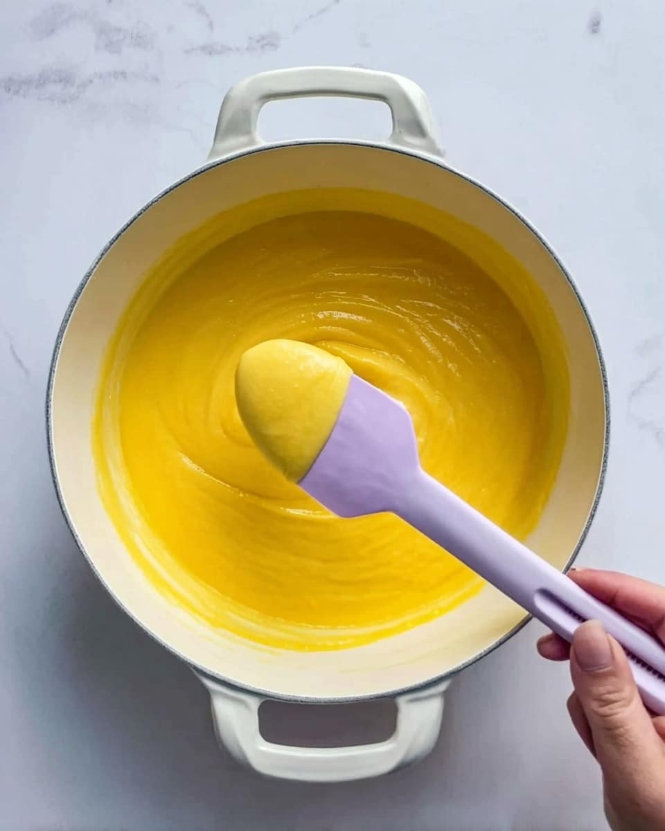 A white pot filled with smooth, thick yellow sauce is shown from above, sitting on a white marbled surface. A woman's hand holds a light purple spatula coated with the bright yellow sauce, lifting a small amount from the pot. The pot has two handles and a clean, simple look. The sauce looks shiny and creamy. photo taken with an iphone --ar 4:5 --v 7