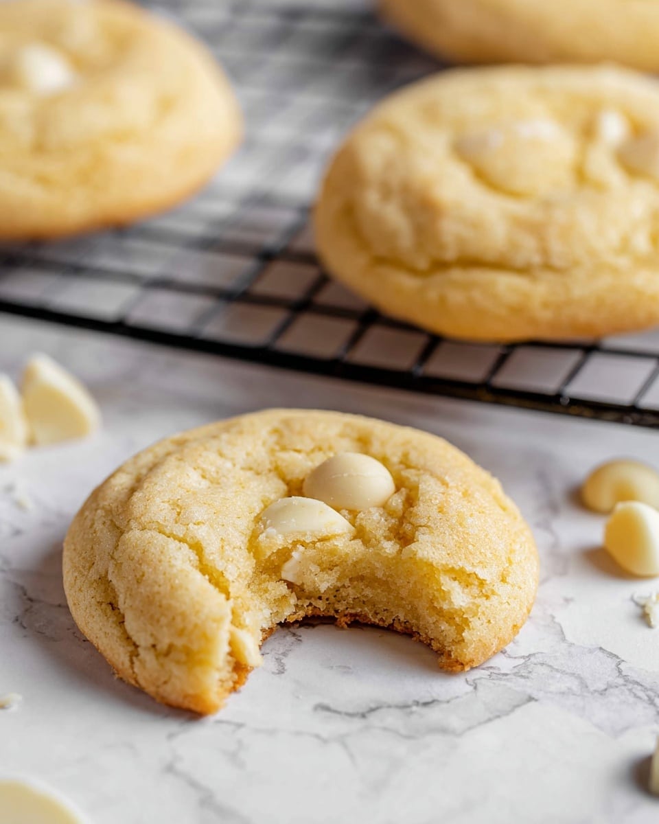 The image shows three soft, round cookies with a light golden-yellow color and a slightly cracked texture on top, placed on a white marbled surface. One cookie is in the front and has a bite taken out of it, revealing a chewy interior with bits of white chocolate or nuts inside. Behind it, two more cookies rest on a black cooling rack, showing their thick, fluffy shape. A few scattered white chocolate pieces lie around the cookies, adding an extra touch of detail. The focus is sharp on the front cookie, with a soft blur on the background, creating a cozy and inviting look photo taken with an iphone --ar 4:5 --v 7