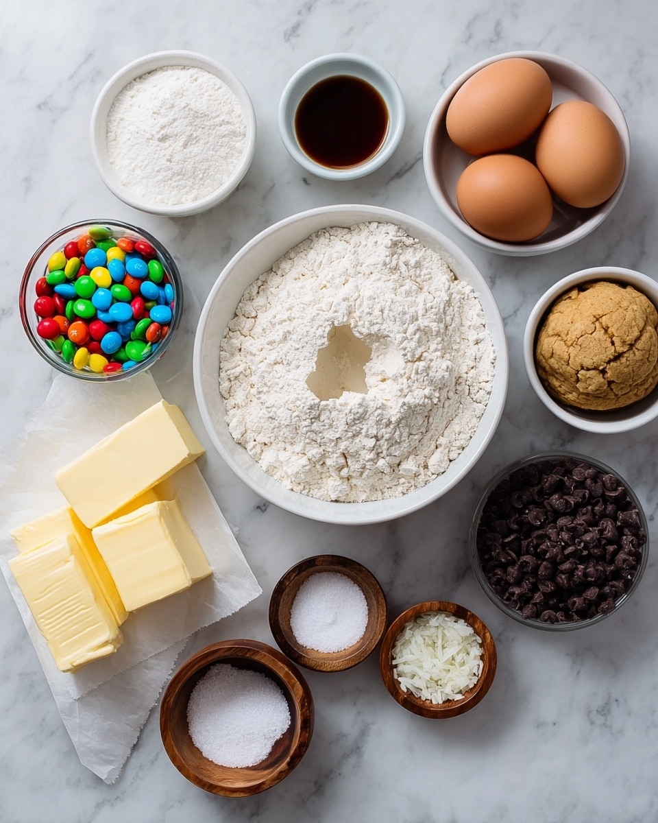 The image shows eleven bowls and ingredients arranged on a white marbled surface. In the center, there is a white bowl filled with white flour with a small hole in the middle. Around it, starting from the top left, there is a small white bowl with dark brown liquid, a white bowl filled with light brown sugar, two brown eggs, and two blocks of butter on white parchment paper. To the left of the flour, there is a white bowl with white sugar and a small glass container with colorful candy-coated chocolates. To the right of the flour, there's a small glass bowl with dark chocolate chips. Scattered around are four small brown wooden bowls holding white salt, white baking powder, white baking soda, and white fine salt. photo taken with an iphone --ar 4:5 --v 7