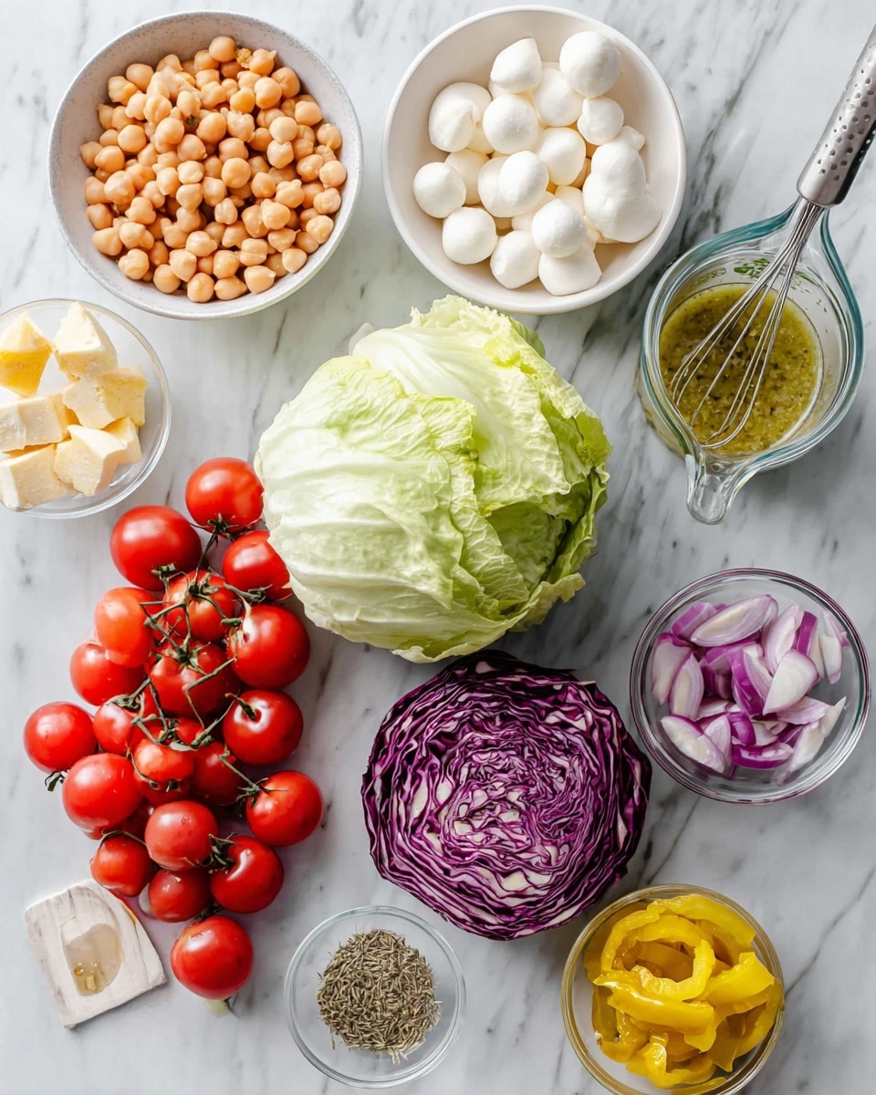 A collection of fresh salad ingredients is shown on a white marbled surface, including a large light green iceberg lettuce head in the center and a round deep purple radicchio head to the right. To the left, a cluster of vibrant red cherry tomatoes on the vine lies next to a white bowl filled with beige chickpeas. Above the chickpeas, a clear measuring cup holds a greenish dressing with a metal whisk inside. Above the lettuce, there is a small white bowl filled with small white mozzarella balls. Thin slices of purple onion lie in a small clear bowl near the bottom right, next to another small clear bowl with small white cheese cubes. On the upper right, a small white bowl contains bright yellow pickled peppers. A half lemon slice rests near the top of the image, adding a touch of yellow to the scene. A small white dish with dried herbs is near the tomatoes. photo taken with an iphone --ar 4:5 --v 7