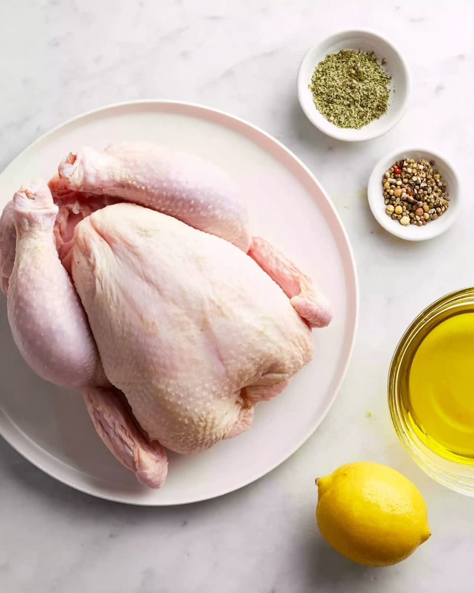 A whole raw chicken with pale pink skin is placed in the center of a white plate. The chicken is surrounded by a white marbled surface. To the top right of the plate, there is a small white bowl containing different green and brown spices, and right below it, there is a whole lemon with bright yellow skin. At the bottom right corner, a glass bowl filled with golden yellow oil is visible. photo taken with an iphone --ar 4:5 --v 7