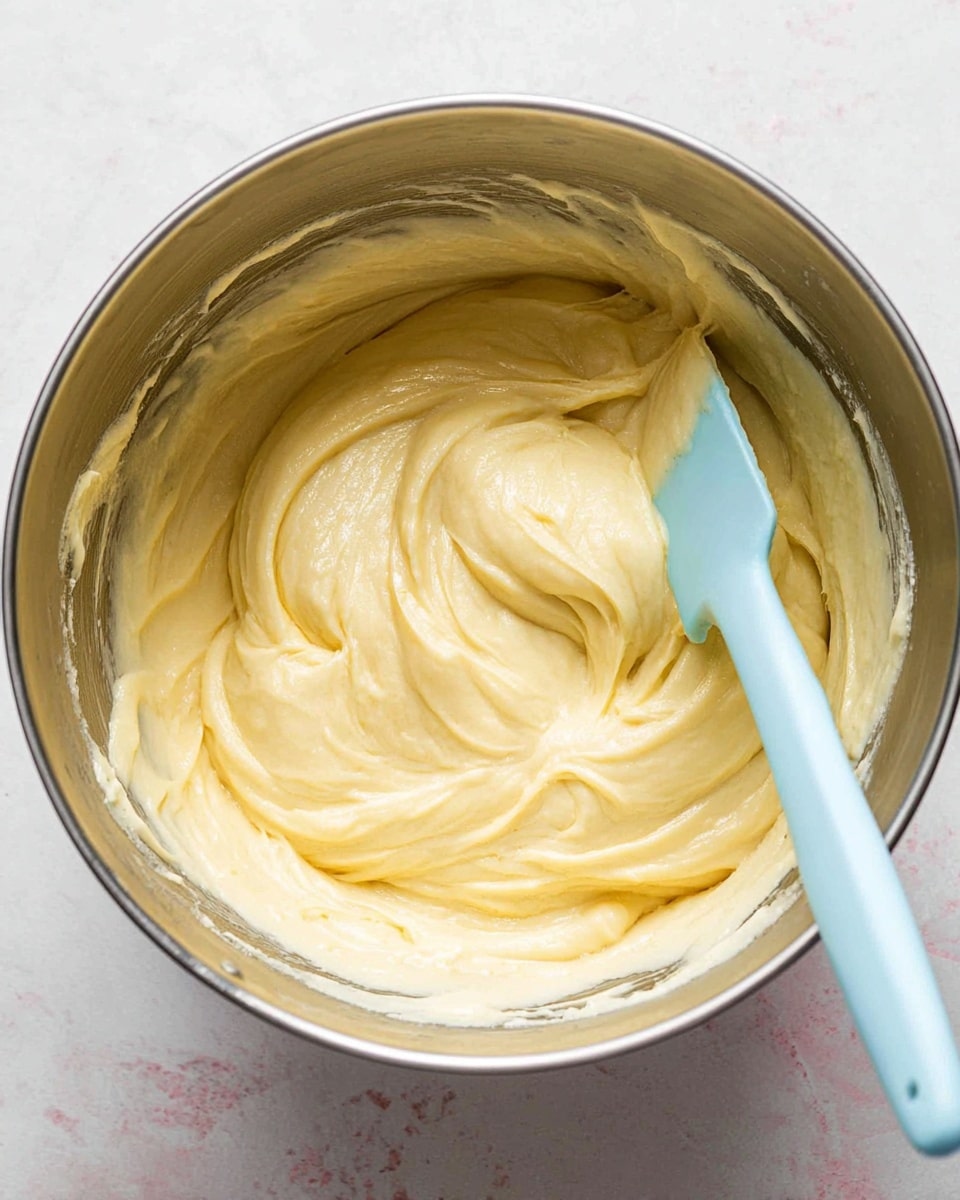 A close-up view of a metallic mixing bowl filled with smooth, creamy pale yellow batter. The batter has a thick, soft texture with swirls and folds visible on the top surface. A light blue spatula rests inside the bowl, partially covered with the batter. The bowl sits on a white marbled textured surface. Photo taken with an iphone --ar 4:5 --v 7