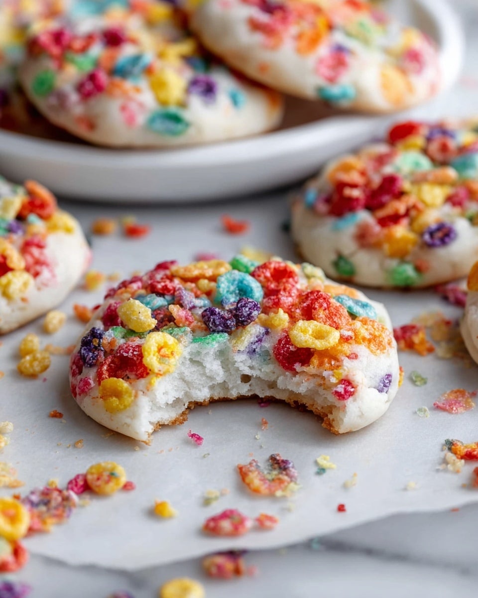 The image shows a close-up of a round white cookie with a soft texture, covered on top with colorful cereal pieces in red, yellow, orange, green, purple, and blue. One cookie in the center has a bite taken out, revealing its fluffy white inside. Around this main cookie are other similar white cookies also topped with the same bright, scattered cereal pieces. The cookies rest on a white sheet on a white marbled surface, with some crumbs and bits of cereal around them. In the background, there is a white plate holding more of these colorful cereal-covered cookies. photo taken with an iphone --ar 4:5 --v 7