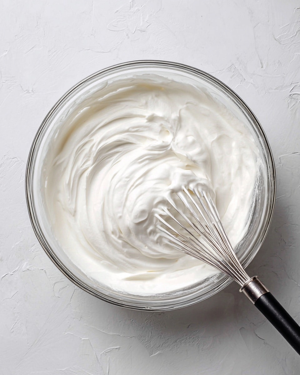 A clear glass bowl filled with one thick layer of smooth, fluffy white whipped cream, with soft swirling patterns on the surface. A metal whisk with a black handle rests inside the bowl on the right side, partially covered in the whipped cream. The bowl is placed on a white marbled textured surface. photo taken with an iphone --ar 4:5 --v 7