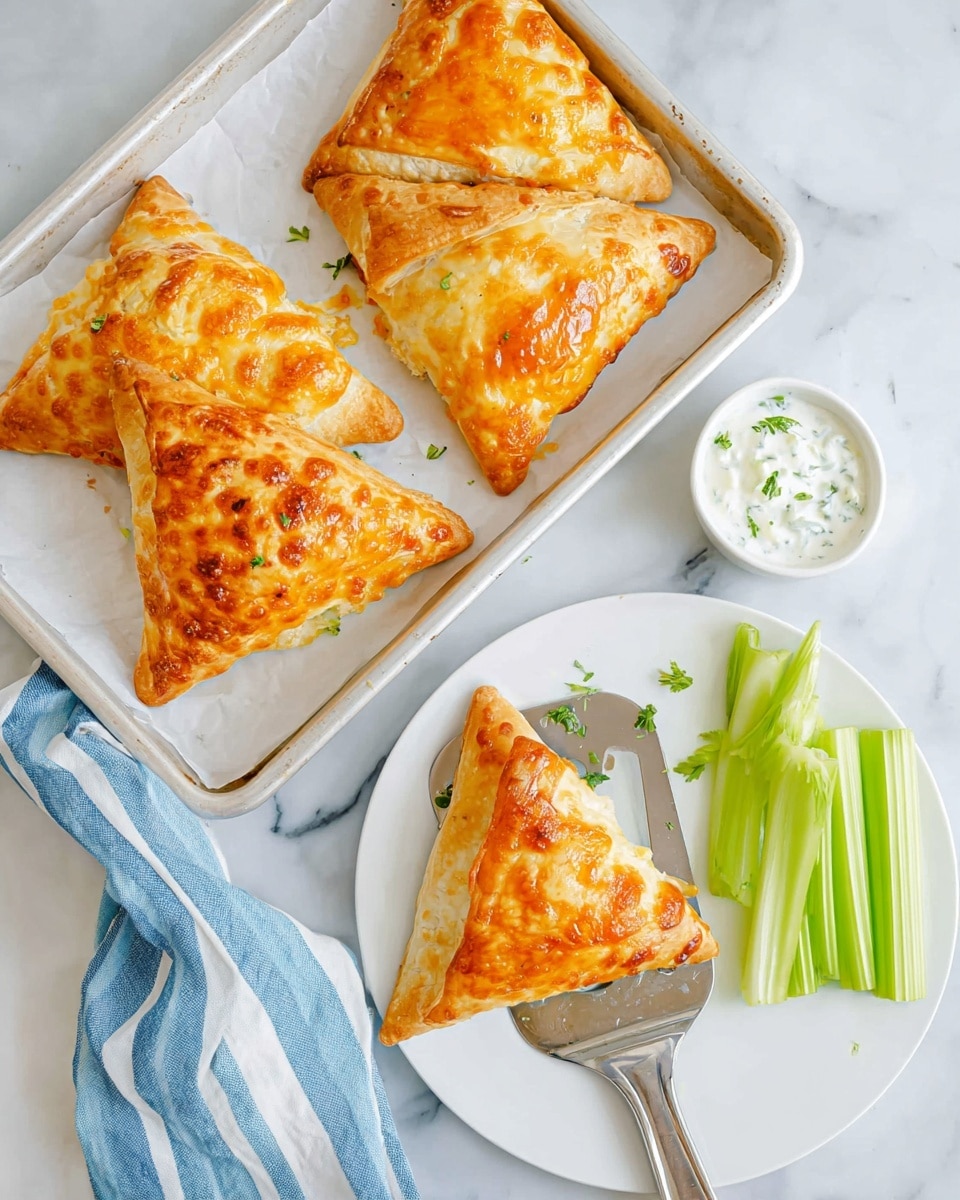 Two golden-brown triangular pastries with a slightly crispy texture and melted cheese on top sit on a white plate. One pastry is whole and leaning against a small white bowl filled with a creamy dip, while the other pastry is partly eaten, showing flaky layers inside. Next to the bowl are several light green celery sticks aligned neatly. A striped green-and-white cloth is partially visible in the background on a white marbled surface. A silver serving utensil with a pastry piece rests slightly blurred in the background. Photo taken with an iphone --ar 4:5 --v 7
