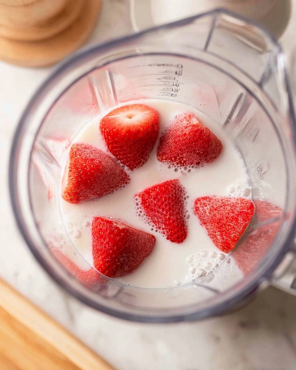Inside a clear blender container, six bright red strawberry halves are floating on top of a small amount of white milk at the bottom. The strawberries show a textured surface with tiny seeds and a juicy interior, while the milk has a smooth, creamy look with tiny bubbles around the fruit. The blender is placed on a white marbled surface with a soft wooden object in the background. photo taken with an iphone --ar 4:5 --v 7