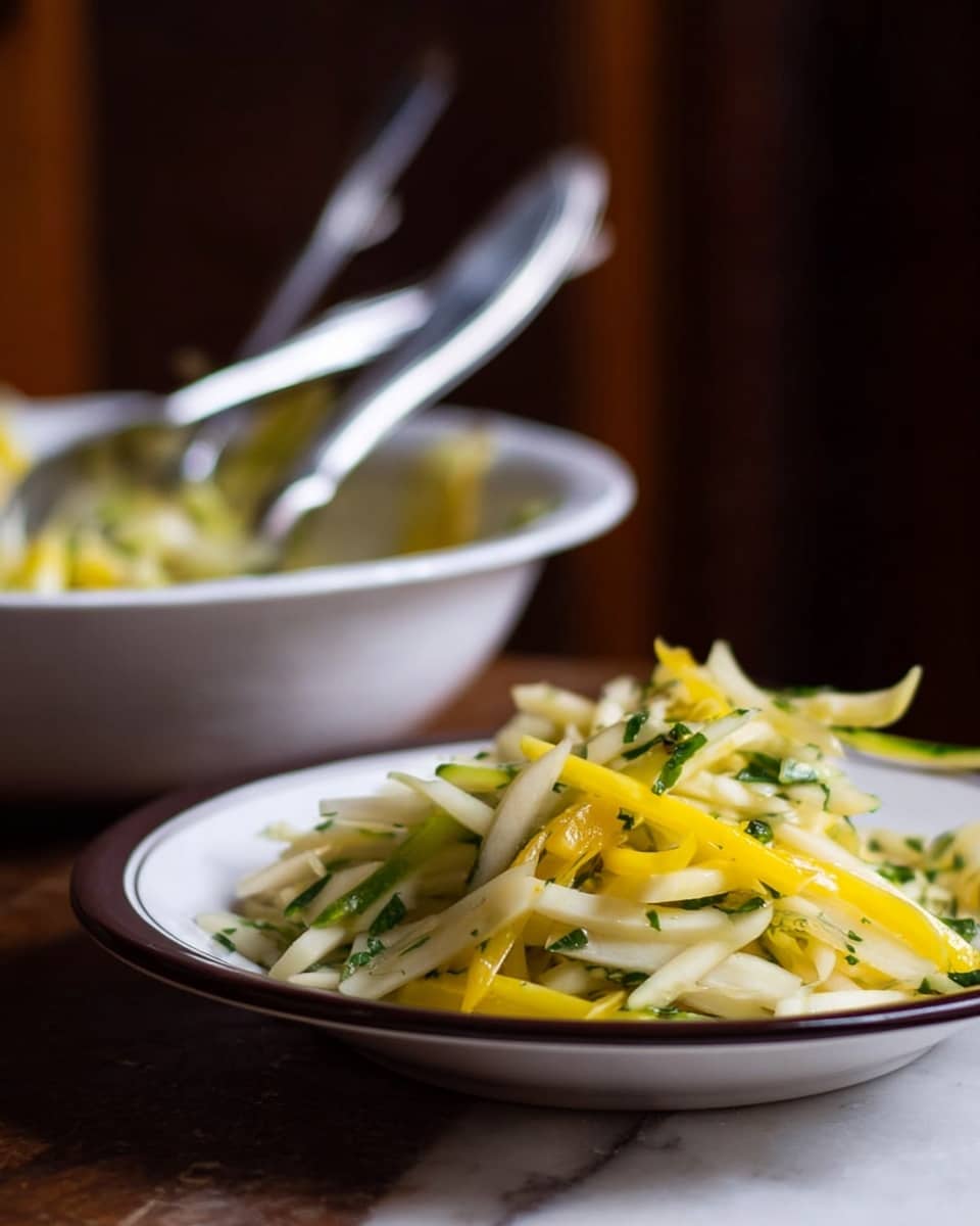 A small pile of thin, long slices of white and bright yellow vegetables mixed with chopped green herbs sits on a white plate with a thin dark brown rim. Behind the plate, a large white bowl holds more of the same mix, with two shiny silver serving spoons resting inside. The background is blurred dark brown wood, and the surface under the plate is a white marbled texture. The white vegetable slices are slightly curved and the yellow slices are longer and smoother, all coated lightly with dressing. photo taken with an iphone --ar 4:5 --v 7