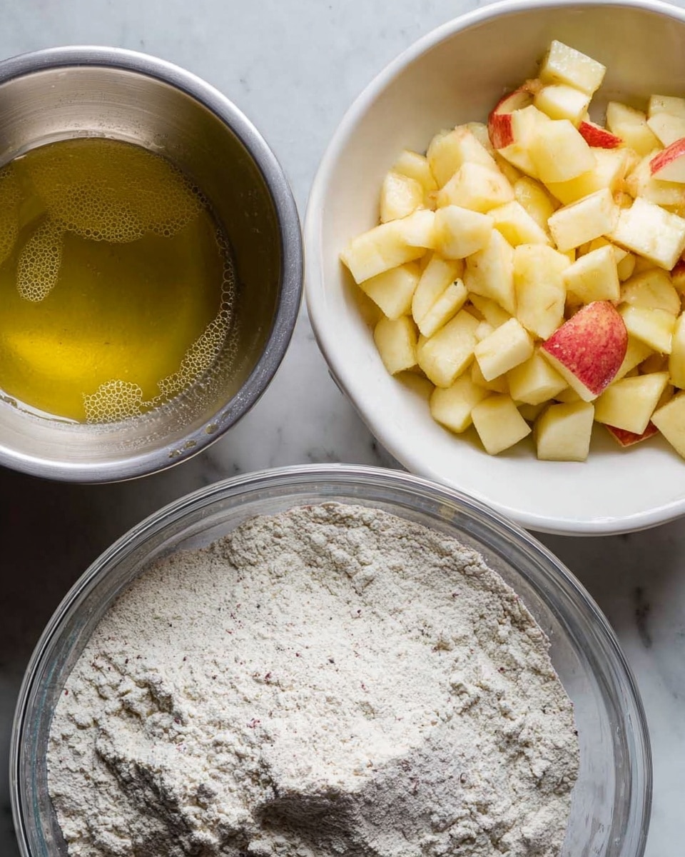The image shows three bowls on a white marbled surface: the top right bowl is a white plate filled with small pieces of light yellow chopped apples with bits of red skin showing; the top left bowl is a silver metal container holding clear yellow oil with small bubbles on the surface; the bottom bowl is a larger glass bowl filled with a heap of light gray flour with visible specks, leaning towards the right side. photo taken with an iphone --ar 4:5 --v 7