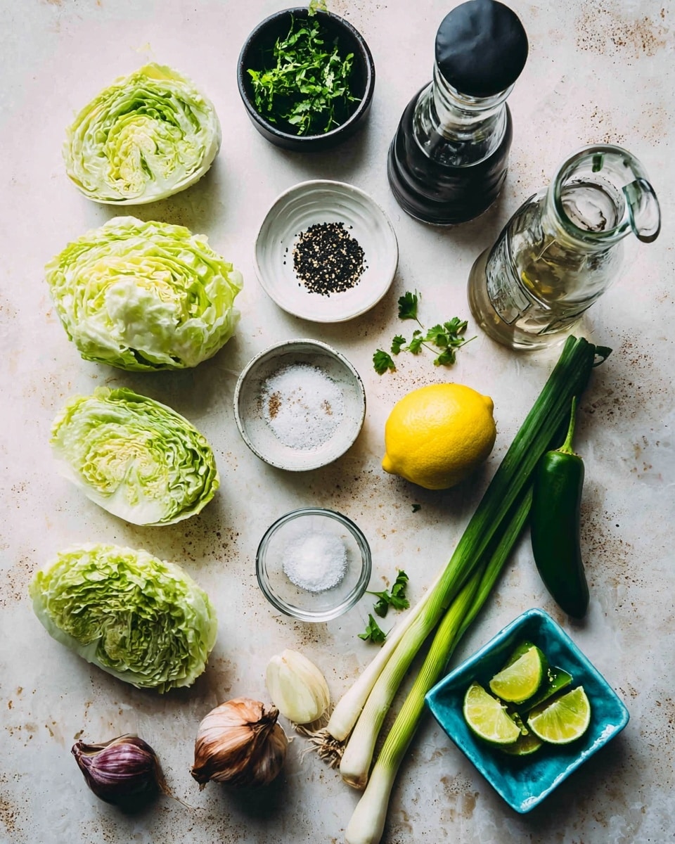 The image shows fresh cooking ingredients arranged on a white marbled surface. There are eight light green lettuce halves evenly spread out, with some lettuce leaves loose near the bottom left. A small black bowl with fresh green herbs is near the top left corner. Next to it, there is a small white plate holding black sesame seeds and another white spice. Two clear glass bowls contain white salt and another white powder. In the center, there is a large yellow lemon and a halved lime. A dark green jalapeño pepper and three long green onions are on the right side. Near the bottom, there is a small shallot and a blue square plate filled with lime wedges. Two glass bottles—one with dark liquid and one with a clear liquid and a black top—are placed vertically in the middle. The items are well spaced and the scene has soft natural light. photo taken with an iphone --ar 4:5 --v 7