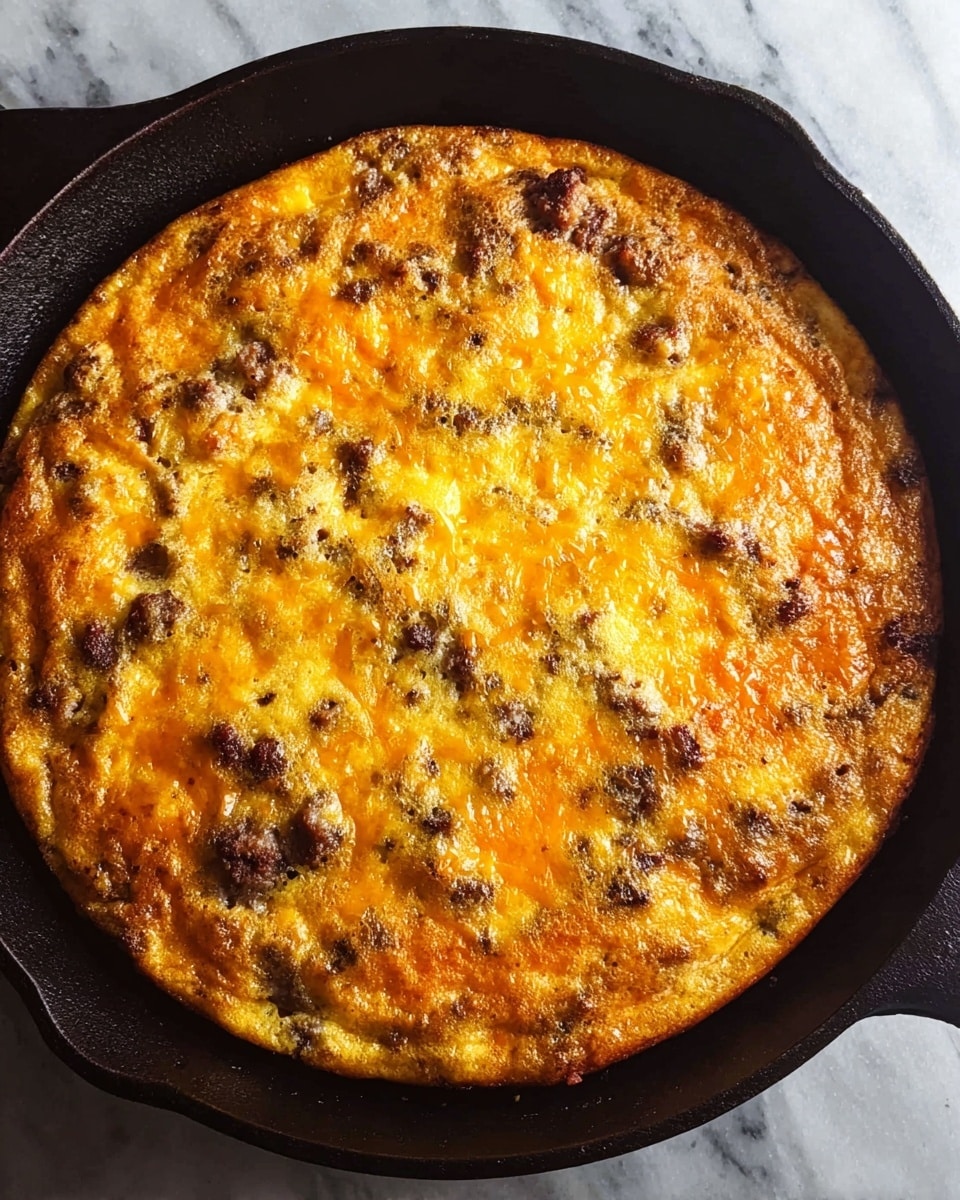 A thick, round frittata with a golden brown top sits in a black cast iron skillet. The surface of the frittata shows uneven patches of orange and yellow from melted cheese, with darker brown spots from cooked sausage mixed throughout. The texture looks slightly bubbly and firm, with visible bits of meat and cheese scattered across the top. The skillet edges frame the dish, and it rests on a white marbled surface. photo taken with an iphone --ar 4:5 --v 7