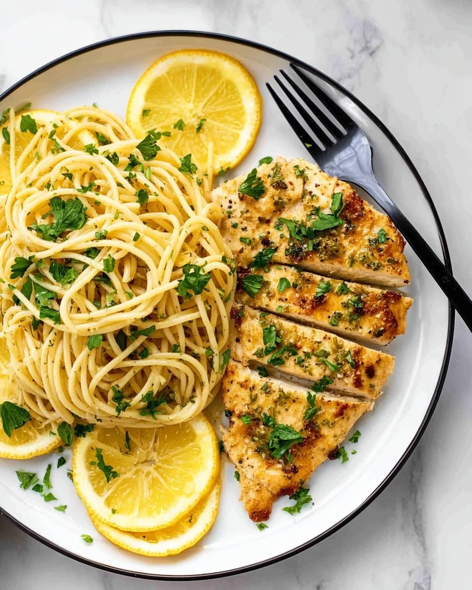 A white plate with a black rim holds two neat nests of spaghetti on the left side, topped with chopped green parsley and small lemon wedges around them. On the right side, a golden-brown cooked chicken fillet is sliced into four pieces, garnished with parsley flakes and placed over two lemon slices. A black fork rests on the right edge of the plate. The background is a white marbled surface. photo taken with an iphone --ar 4:5 --v 7