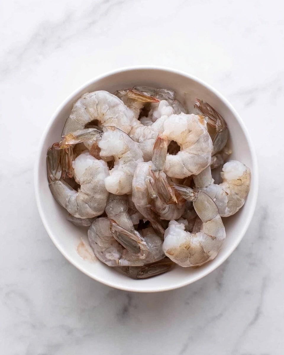 A white bowl filled with raw shrimp, each shrimp pale pink and gray with their tails still attached. The shrimp are arranged randomly, showing their curved shape and soft texture. The bowl is placed on a white marbled surface with subtle gray veins. photo taken with an iphone --ar 4:5 --v 7