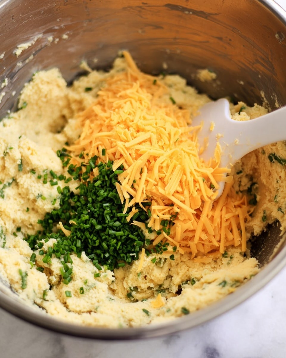 In a shiny silver mixing bowl, there is a dough base that is pale yellow and crumbly. On top of the dough, there is a heap of shredded orange cheese sitting in the center. Near the cheese, scattered bright green chopped chives add a fresh color contrast. A white spatula with a black handle is partially stuck into the mix, with its soft rubber part touching the cheese and dough. The background behind the bowl shows a white marbled surface photo taken with an iphone --ar 4:5 --v 7