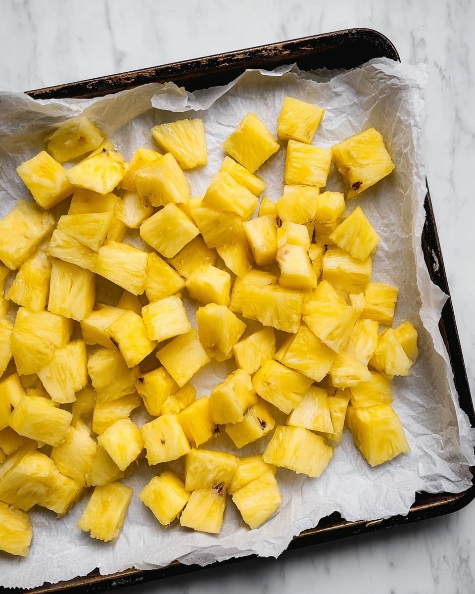 The image shows many small pieces of fresh, bright yellow pineapple spread evenly on a crumpled white parchment paper that lines an old, black baking tray with some chipping edges. The pineapple pieces vary in size but are all roughly cubed, showing a juicy and slightly fibrous texture with a few natural brown pineapple eyes visible. The tray is placed on a white marbled surface which adds a clean, simple background to the vibrant yellow fruit. photo taken with an iphone --ar 4:5 --v 7