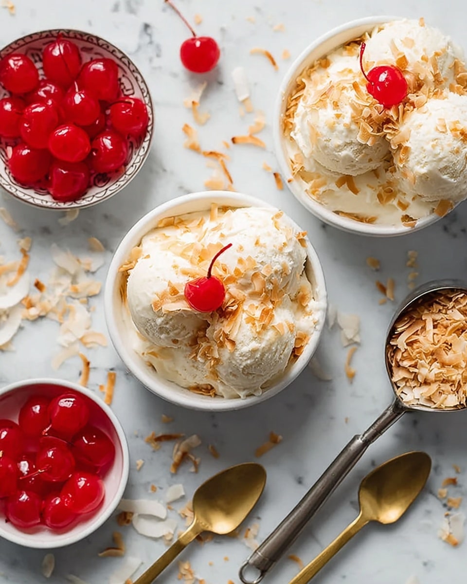 Two white bowls are filled with three scoops of light creamy ice cream each. The ice cream is topped with golden toasted shredded coconut and bright red maraschino cherries, with one cherry placed on top of each bowl's highest scoop. Around the bowls on a white marbled surface are scattered pieces of the toasted coconut, a small white bowl filled with more red cherries, and a metal measuring cup with toasted coconut. Two small golden spoons also lie nearby. Photo taken with an iphone --ar 4:5 --v 7