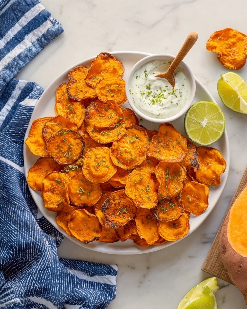 The image shows three main parts on a white marbled surface: on the left, a large white plate full of thin, golden-orange sweet potato chips with some green herb bits sprinkled on top; in the lower center, a smaller white bowl also filled with the same sweet potato chips; to the right, a small white bowl filled with a creamy white dip that has green lime zest on its surface. A woman's hand with pale skin and white nails is holding one sweet potato chip, partially dipped into the creamy sauce. There are also lime wedges placed above the dipping bowl. Photo taken with an iphone --ar 4:5 --v 7