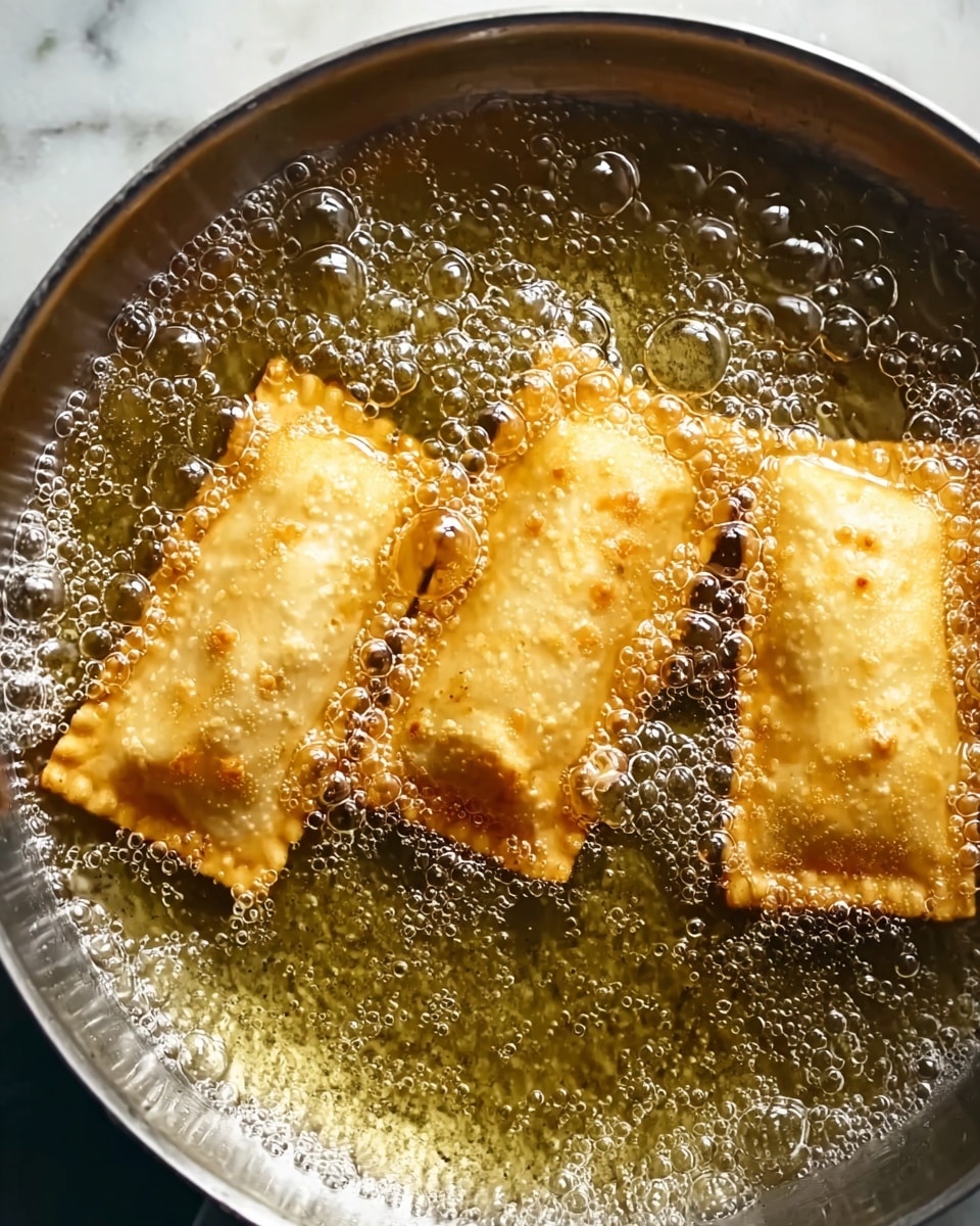 The image shows three rectangular pasta pockets frying in hot bubbling oil inside a round metal pan. Each pocket has a light golden brown color with small darker spots, and the edges are crimped in a zigzag pattern. The bubbles of the oil surround the pockets, creating a shiny, wet look on the surface of the pasta. The pan has a silvery metal texture and the background is a white marbled surface. photo taken with an iphone --ar 4:5 --v 7
