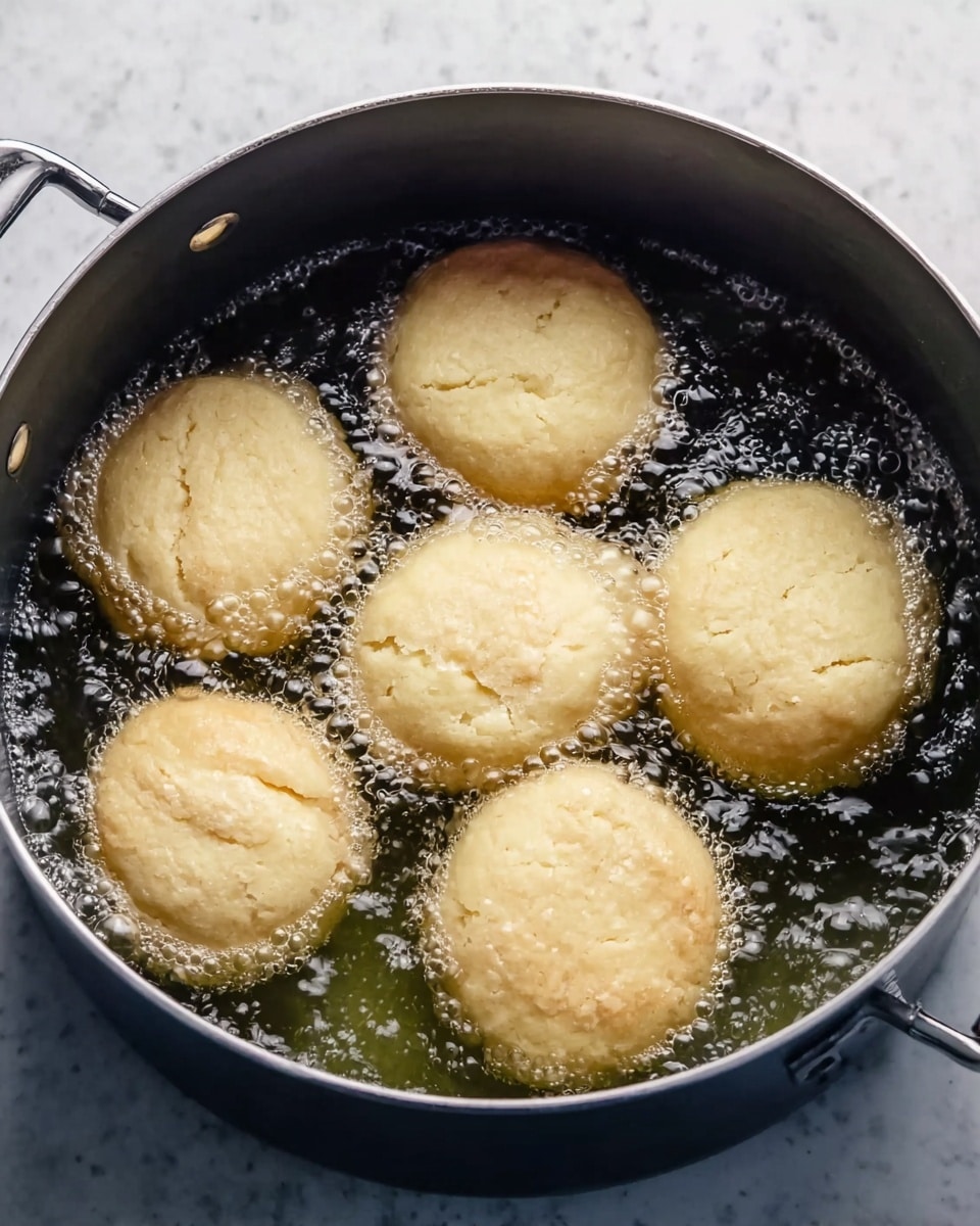 The image shows five round dough pieces frying in hot oil inside a dark gray pot with small handles on each side. The dough pieces have a light beige color, smooth texture with some cracks on top, and are submerged halfway in bubbling clear oil. The bubbles create a shiny, moving surface around the dough. The pot sits on a white marbled surface. Photo taken with an iphone --ar 4:5 --v 7
