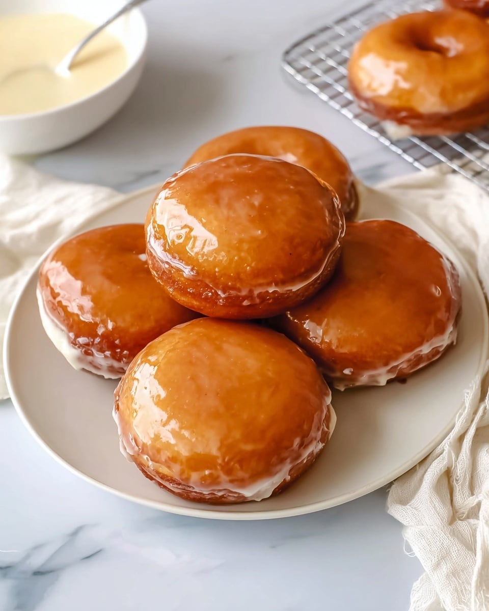 Five round doughnuts with a shiny, smooth, light brown glaze cover each one fully. They are stacked closely on a white plate, with three doughnuts forming the base and two more resting on top. The doughnuts have a soft, slightly puffed texture visible through the glaze. In the background, there is a white bowl with a creamy, pale yellow sauce and part of a silver cooling rack holding another doughnut. The whole setting is placed on a white marbled surface with a light cream cloth nearby. Photo taken with an iphone --ar 4:5 --v 7
