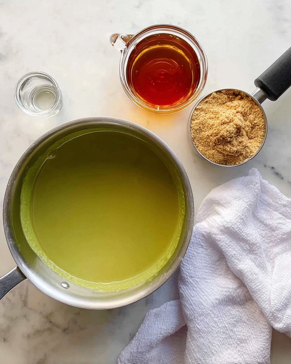 A silver pot filled with a smooth, thick green soup sits on a white marbled surface. To the right of the pot, there is a white cloth and a silver measuring cup filled with a light brown powder. Above it, a clear container holds a dark amber liquid with a black handle. There is also a small clear glass cup near the amber liquid. The scene has a simple, clean look with soft natural light. photo taken with an iphone --ar 4:5 --v 7