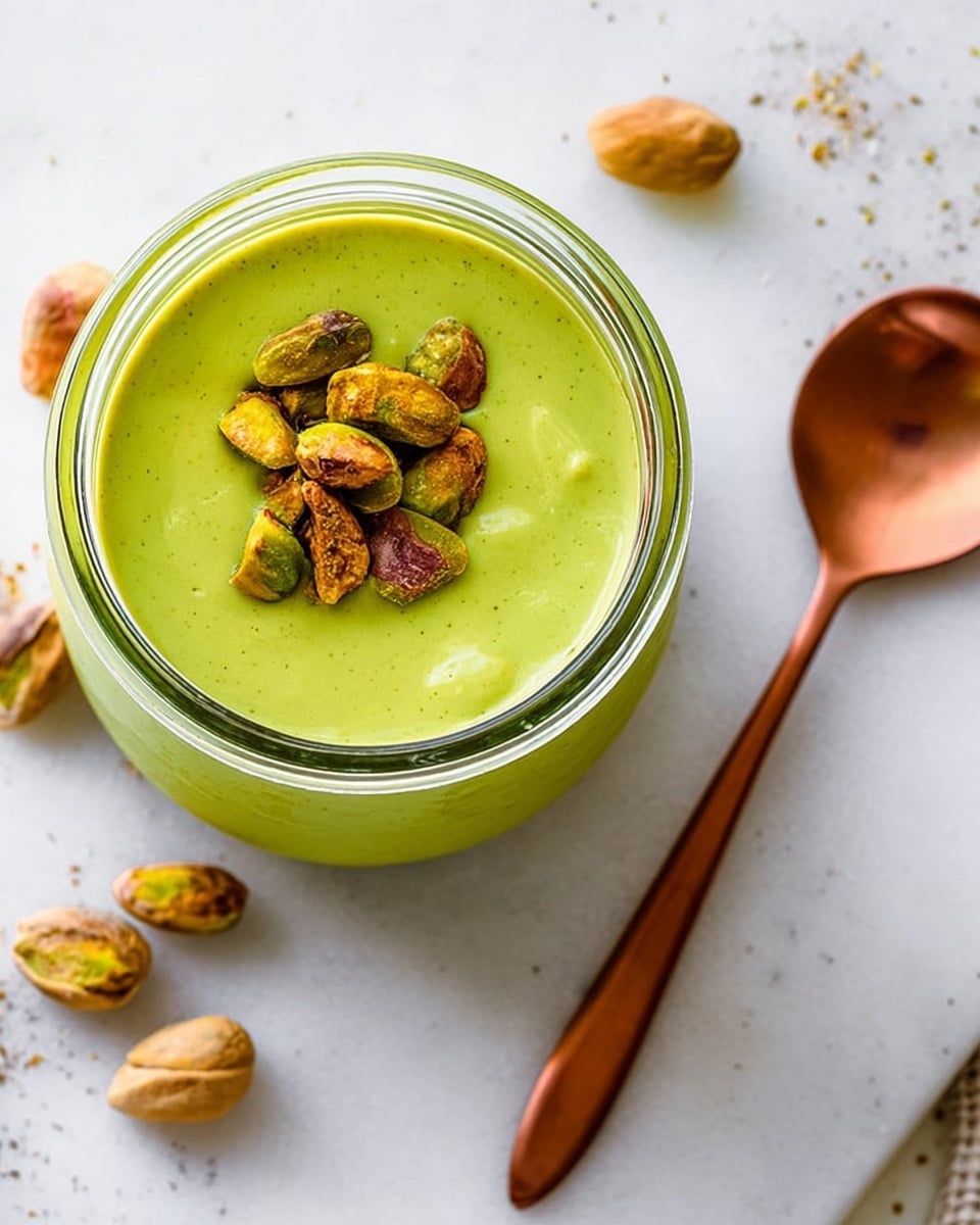 A clear glass jar filled with smooth, bright green pistachio pudding topped with a small pile of whole pistachios in the center. The jar sits on a white marbled surface scattered with a few more pistachios around it. To the right of the jar is a shiny copper spoon. The image shows just one layer of pudding in the jar photo taken with an iphone --ar 4:5 --v 7