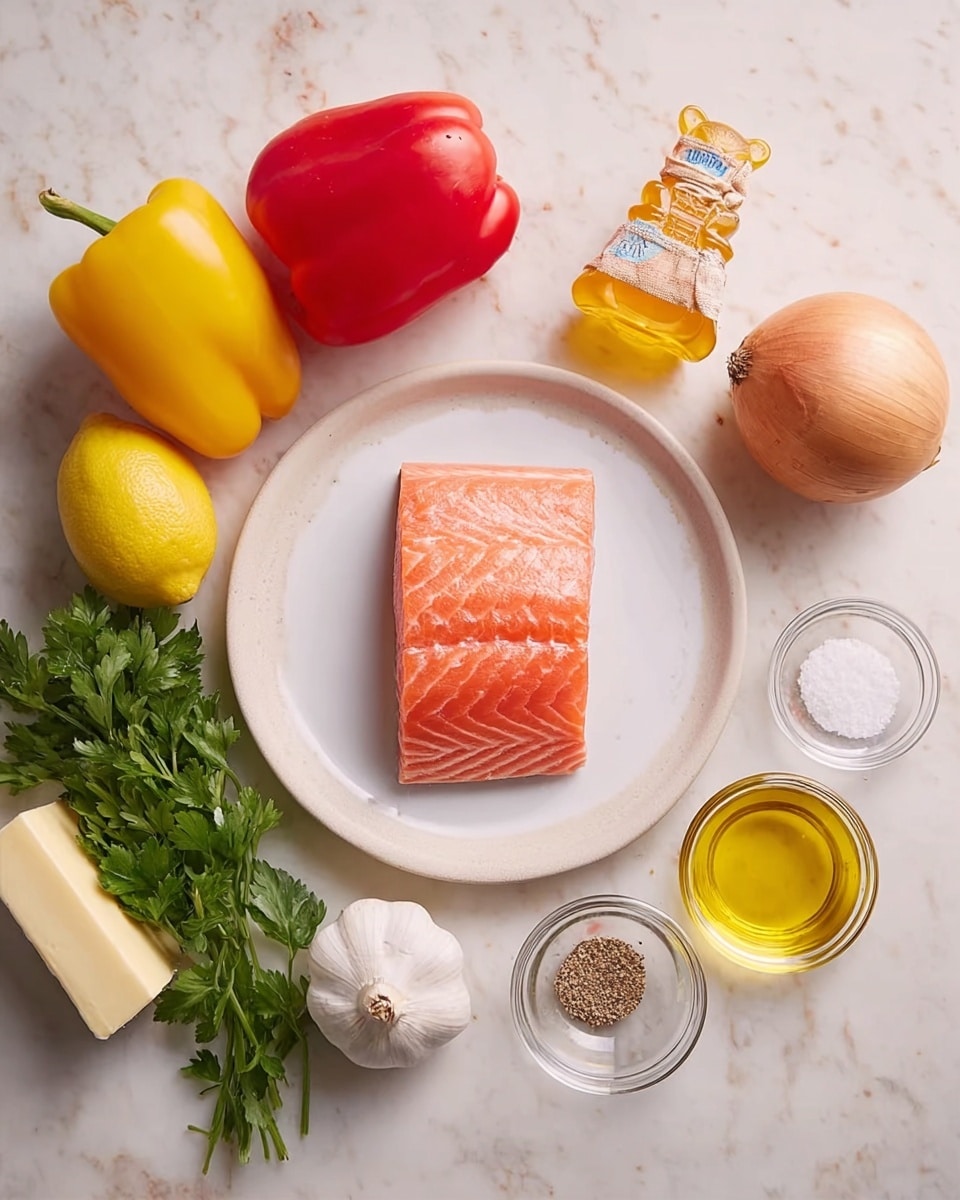 A top-down view shows a white plate placed on a white marbled surface. On the plate lies a fresh, pink piece of salmon fillet with visible lines and a moist texture. Surrounding the plate, there are several raw ingredients arranged neatly: a yellow bell pepper and a red bell pepper positioned on the left side, a whole lemon and a bulb of garlic near the top left, along with a large brown onion. Towards the top center, there is a stick of butter, a small glass bottle shaped like a bear filled with honey, and fresh green parsley. On the right side of the plate, three small glass bowls contain white salt, black pepper, and golden olive oil, each showing different textures from fine grains to smooth liquid. The whole scene is lit brightly, highlighting the natural colors and textures of the ingredients photo taken with an iphone --ar 4:5 --v 7