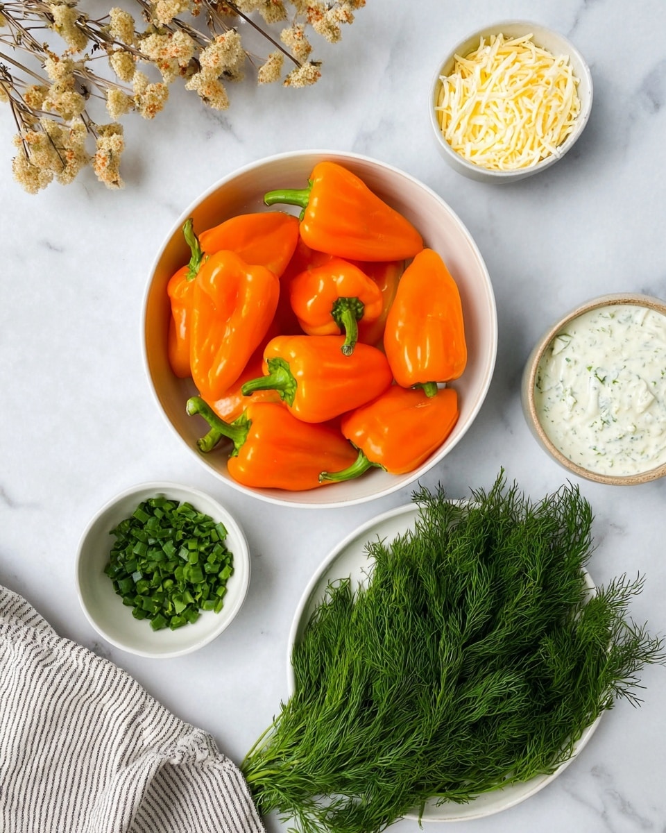 A top view image shows a white bowl filled with bright orange mini bell peppers with green stems, placed on a white marbled surface. Below it, there is a small white bowl with shredded cheese and a small bowl with white creamy sauce speckled with herbs. Next to these, a small bowl holds finely chopped green chives, and a white plate at the bottom contains a bunch of fresh, dark green dill. The setting is simple, with some dried flowers and a striped cloth visible on the sides. Photo taken with an iphone --ar 4:5 --v 7