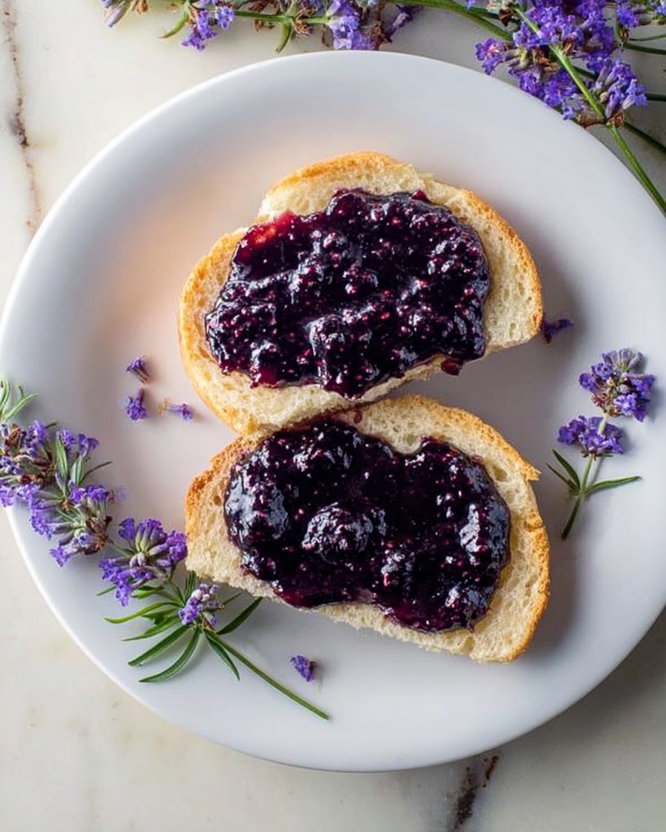 A white plate with two pieces of light golden bread placed near the center, each slice topped with a thick layer of dark purple berry jam with a shiny texture and visible whole berries. Around the bread, there are small sprigs of lavender with green stems and purple flowers, arranged loosely on the white plate. The plate rests on a white marbled surface. photo taken with an iphone --ar 4:5 --v 7