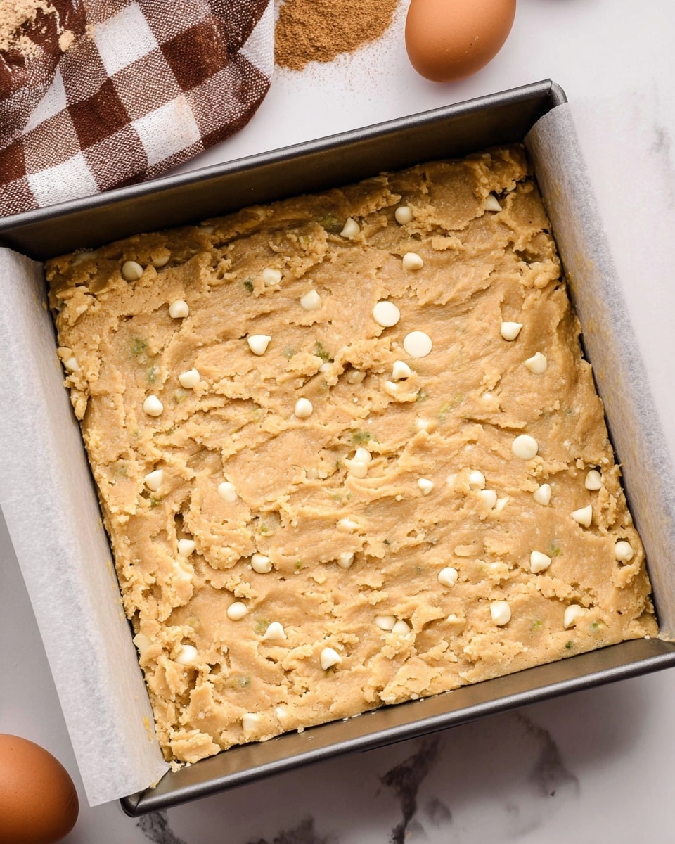A close-up view of a square baking pan filled with light beige cookie dough that has small white chocolate chips scattered evenly throughout. The dough is thick and slightly rough in texture, spread flat to fill the pan, with some greenish bits visible inside the dough. The pan is lined with white parchment paper, and the scene is set on a white marbled surface. In the top left corner, there is a brown and white checkered kitchen towel with one brown egg and a small pile of cinnamon powder nearby. Photo taken with an iphone --ar 4:5 --v 7