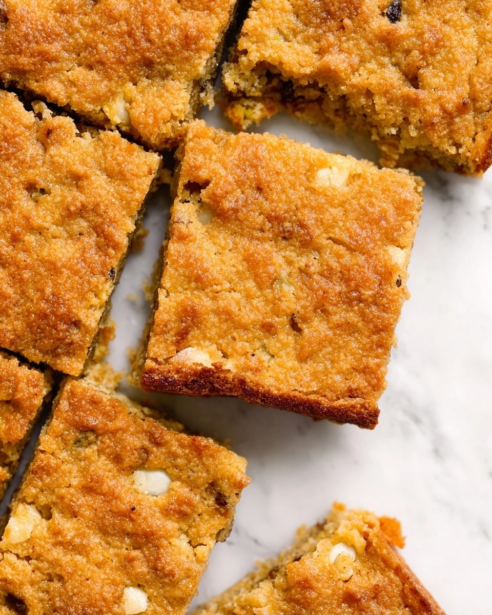 The image shows two layered cookie bars stacked on top of each other on a dark wooden surface, with scattered white chocolate chips around them. The cookie bars have a golden brown crust on the top and bottom layers that look soft and slightly crumbly. The middle layer is filled with green pistachio nuts embedded in a moist, light brown dough. The texture appears chewy with visible chunks of pistachio and white chocolate, giving a mix of rough and smooth textures throughout. The background has a soft focus with more cookie bars out of focus on a white marbled surface. Photo taken with an iphone --ar 4:5 --v 7