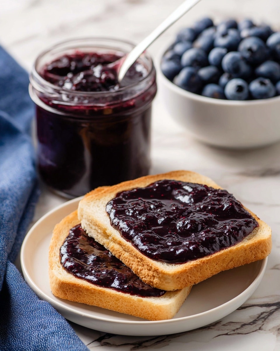 The image shows two slices of toasted white bread on a white plate with a dark maroon, thick and smooth berry jam spread on top, one slice in the front and the other slightly blurred behind. Next to the slices, there is a glass jar filled with the same dark berry jam, and a silver spoon is dipped into the jar with jam on it. In the background, there is a white bowl filled with fresh blueberries. The setting surface is a white marbled texture, and part of a blue cloth is visible near the plate. photo taken with an iphone --ar 4:5 --v 7