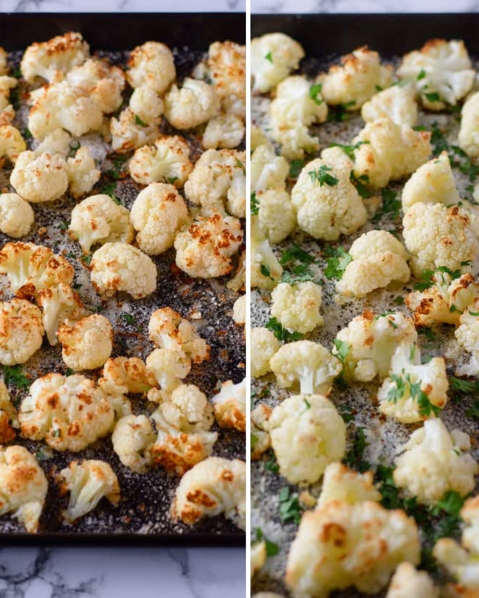 The image shows two close-up views of roasted cauliflower on a baking tray. Both sides have a single layer of cauliflower pieces, with a light golden-brown color from roasting. On the right side, the cauliflower pieces are sprinkled with small green parsley leaves, adding a fresh contrast against the white and golden brown of the cauliflower. The baking tray is dark, and the cauliflower texture appears slightly crispy with some soft parts. The background is a white marbled texture. Photo taken with an iphone --ar 4:5 --v 7
