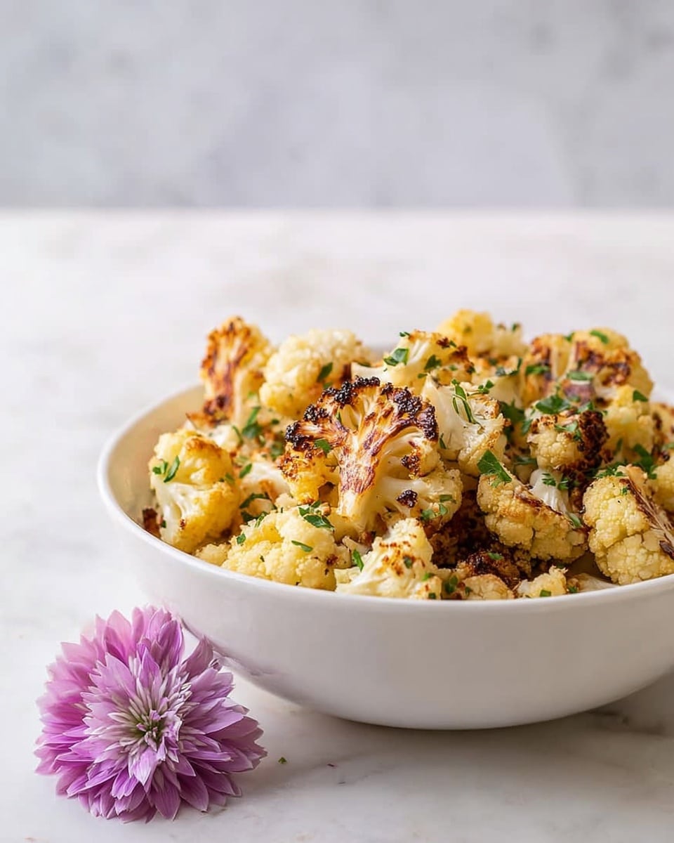 A white bowl filled with roasted cauliflower florets that have a golden-brown char on some edges, sprinkled with chopped green herbs scattered on top. Near the front side of the bowl is a decorative purple flower with petals slightly open, adding a touch of color contrast. The bowl is placed on a white marbled surface with a soft, blurred light gray background. The overall look is fresh and inviting with a focus on the textured, slightly crispy cauliflower pieces photo taken with an iphone --ar 4:5 --v 7