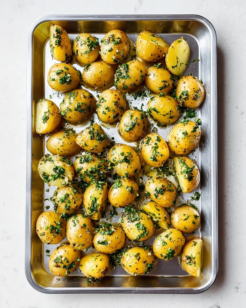 The image shows a silver baking tray holding small yellow potatoes cut in halves. The potatoes are spread out evenly across the tray, each piece coated with chopped green herbs and bits of garlic. The tray is placed on a white marbled surface, and the potatoes have a shiny texture from the oil and seasonings that cover them. Some potato halves reveal a soft inner flesh, while others show a smooth outer skin sprinkled with herbs. photo taken with an iphone --ar 4:5 --v 7