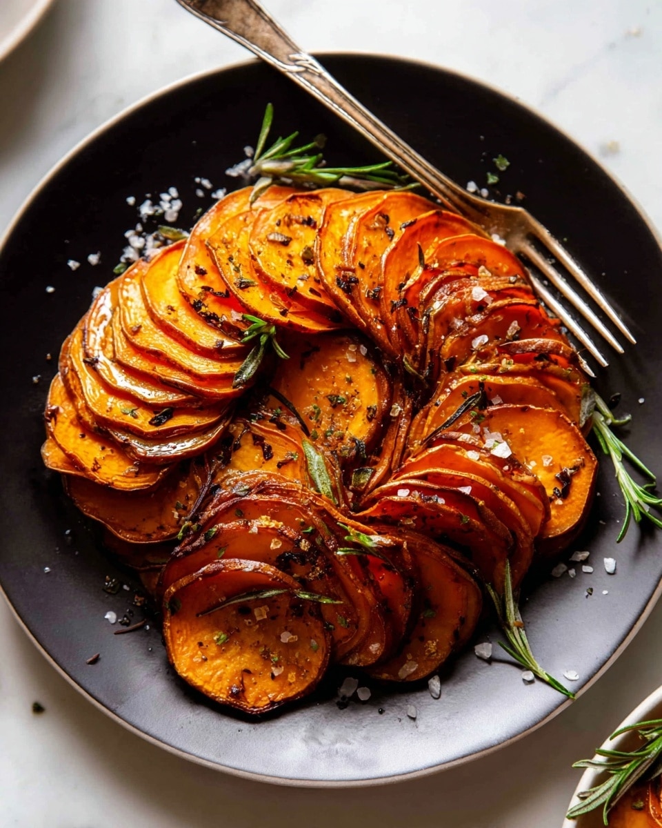The dish shows thinly sliced orange sweet potatoes arranged in layered, curved rows forming a round shape on a white plate. The sweet potato layers have a slightly crisp, browned edge with a soft, tender center, giving a mix of dark orange and golden brown colors. Small green rosemary leaves are scattered on top along with coarse white sea salt and black pepper specks, adding texture and color contrast. A vintage silver fork rests at the top right side of the plate, and the plate sits on a white marbled surface. photo taken with an iphone --ar 4:5 --v 7