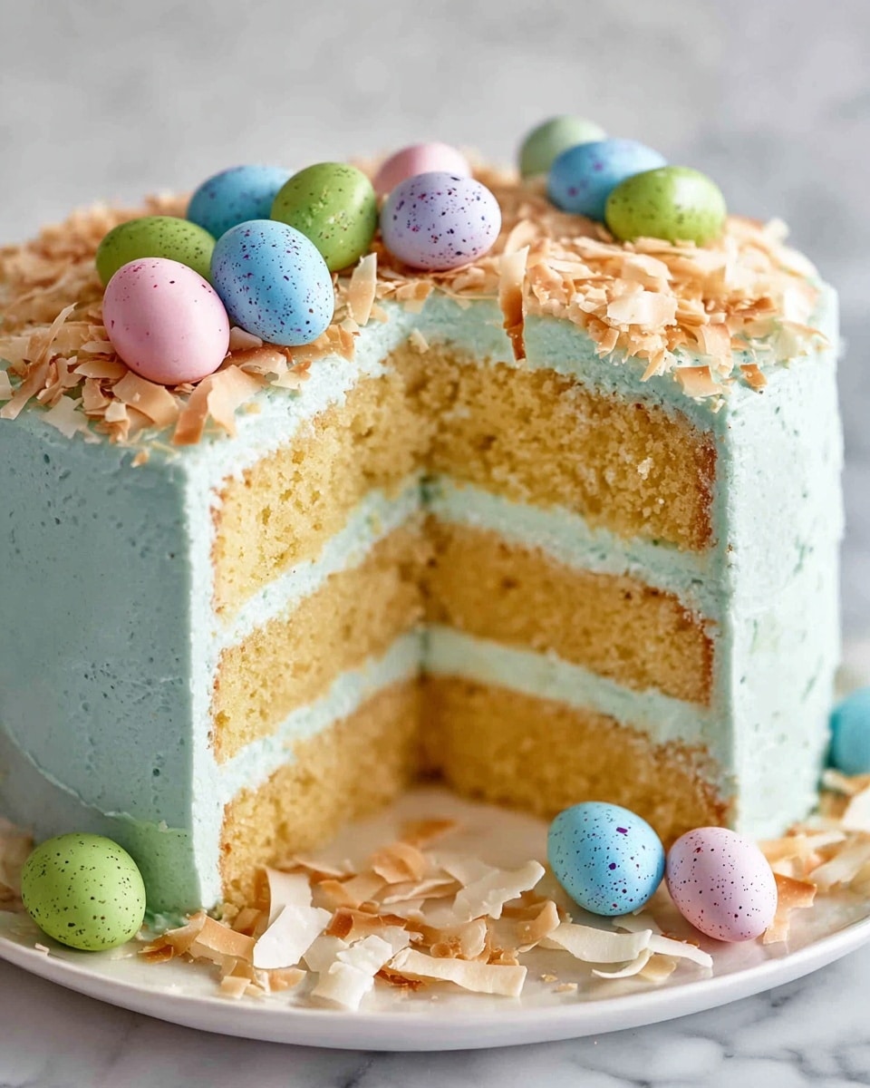 The image shows a three-layer yellow cake covered with light blue frosting. Each layer is separated by a smooth layer of the same light blue frosting. The top of the cake is decorated with toasted coconut shreds and pastel-colored speckled candy eggs in blue, pink, and green, with more candy eggs and coconut shreds scattered around the base on a white plate. The cake is on a white marbled surface. The frosting on the side is smooth with some visible tiny specks, giving it a textured look. A slice has been removed, showing the moist cake inside. Photo taken with an iphone --ar 4:5 --v 7