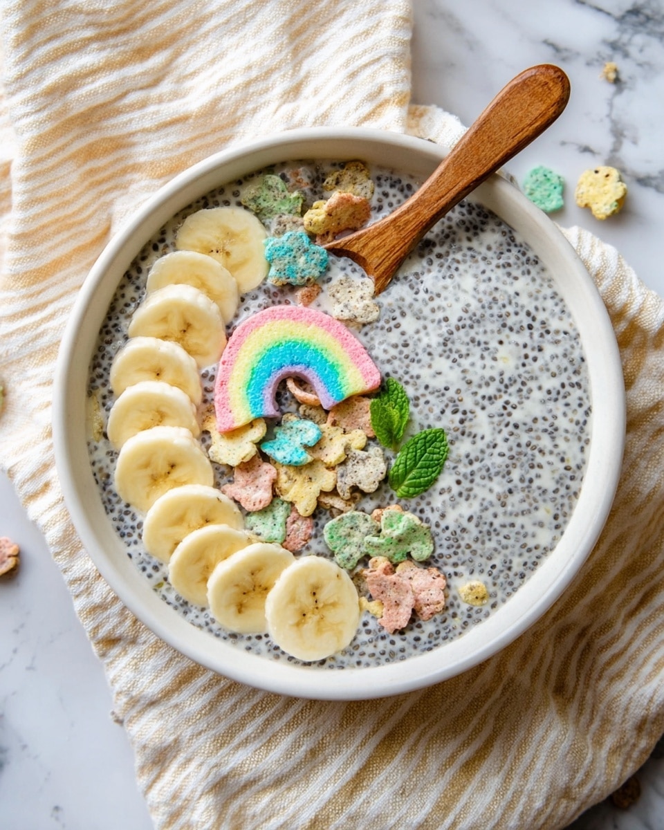A white bowl filled with creamy chia pudding that has a speckled black and white texture. On top, there are several thin, pale yellow banana slices placed on one side. Colorful crunchy cereal pieces are scattered over half of the pudding, including a small rainbow-shaped cereal piece with bright pink, blue, yellow, and green colors. Two small fresh green mint leaves add a touch of color near the bowl's center. A smooth wooden spoon rests inside the bowl, partially on the pudding surface. The bowl sits on a white marbled texture with a soft, light beige striped cloth beneath. Photo taken with an iphone --ar 4:5 --v 7
