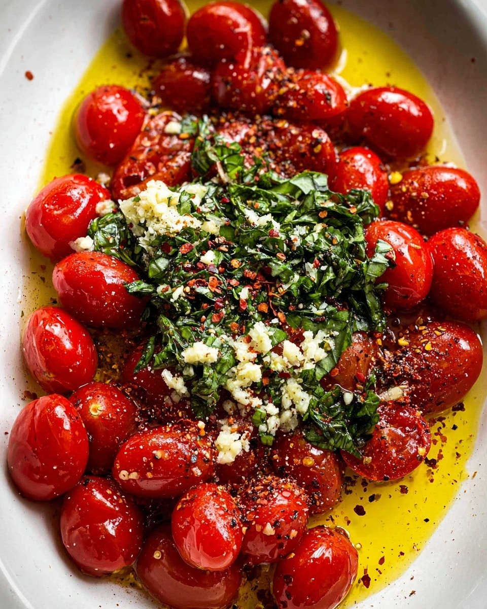 A white dish filled with bright red cherry tomatoes scattered around a pile of finely chopped fresh green basil leaves and minced garlic on top. The tomatoes are shiny, some covered with a sprinkle of dark black pepper and red chili flakes. The base layer is a pool of golden yellow olive oil that spreads out in the dish, creating a glossy texture. The chopped basil and garlic form a textured green and white mound in the center, with some garlic pieces showing a light golden tint. The photo taken with an iphone --ar 4:5 --v 7