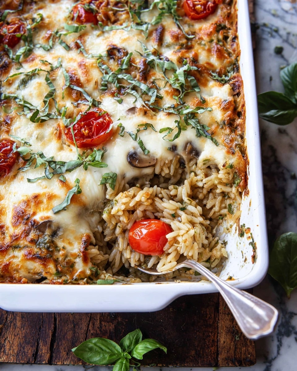 A white rectangular dish filled with a baked pasta casserole showing three visible layers: the bottom layer has cooked rice mixed with herbs, the middle layer contains small red cherry tomatoes and thin mushroom slices, and the top layer is covered with melted, golden-brown cheese sprinkled with chopped fresh green basil leaves. A silver spoon is scooping some rice and a popped tomato from the corner of the dish, resting inside it. The dish is placed on a dark wooden surface with a white marbled texture nearby and some green leaves visible around the edges. Photo taken with an iphone --ar 4:5 --v 7