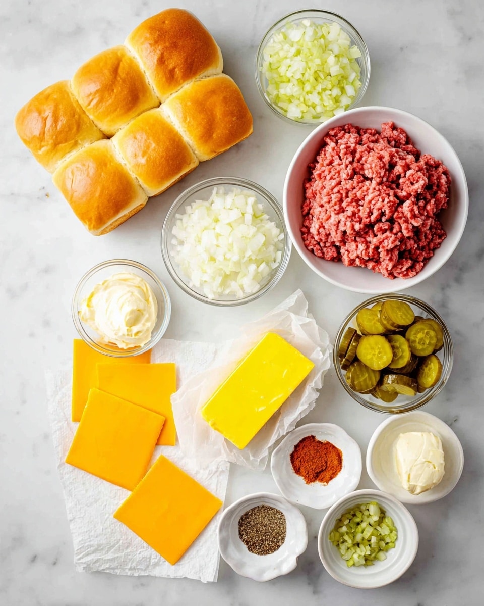 A group of food ingredients is arranged on a white marbled surface. There is a block of soft, golden brown dinner rolls placed on the top left. To the right, a white bowl filled with raw ground meat shows a rough, loose red texture. Below the rolls, several small white and transparent bowls hold chopped white onions, mayonnaise with a creamy pale color, sliced green pickles with a shiny surface, chopped green relish, and a small portion of yellow mustard. Three bright orange-yellow slices of cheese are placed near the bottom left, with a stick of unsalted butter wrapped in paper beside them. Two small white dishes hold spices: one with red and yellow powders and the other with black pepper and minced garlic. The whole arrangement is neat and brightly lit, emphasizing fresh textures and vivid colors photo taken with an iphone --ar 4:5 --v 7