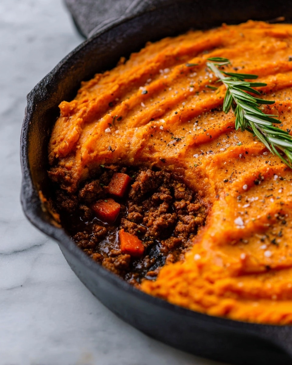 A cast iron pan holds a two-layer dish, with the bottom layer made of brown cooked ground meat mixed with small orange carrot chunks on the left side, and the top layer covered in smooth, bright orange mashed sweet potatoes spread evenly with textured ripples and sprinkled black pepper and coarse white salt. A small green rosemary sprig rests on the upper right side. One section of the mashed sweet potato layer is scooped out, revealing the meat and carrot filling below, all set against a white marbled surface. Photo taken with an iphone --ar 4:5 --v 7