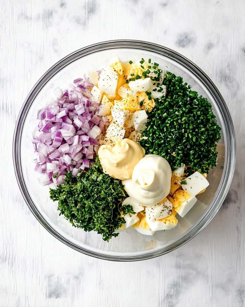 In a clear glass bowl placed on a white marbled surface, there are six distinct layers of ingredients arranged side by side. Starting from the top left, there is a pile of small purple onion pieces, next to it a mound of finely chopped dark green chives. Below the chives, there are chopped hard-boiled egg pieces showing white and yellow yolk parts. Towards the bottom left, a heap of finely chopped parsley with deep green leaves is seen. In the center, there is a dollop of creamy white mayonnaise next to a smaller dollop of pale yellow mustard. The whole dish is sprinkled with a bit of coarse black pepper. Photo taken with an iphone --ar 4:5 --v 7