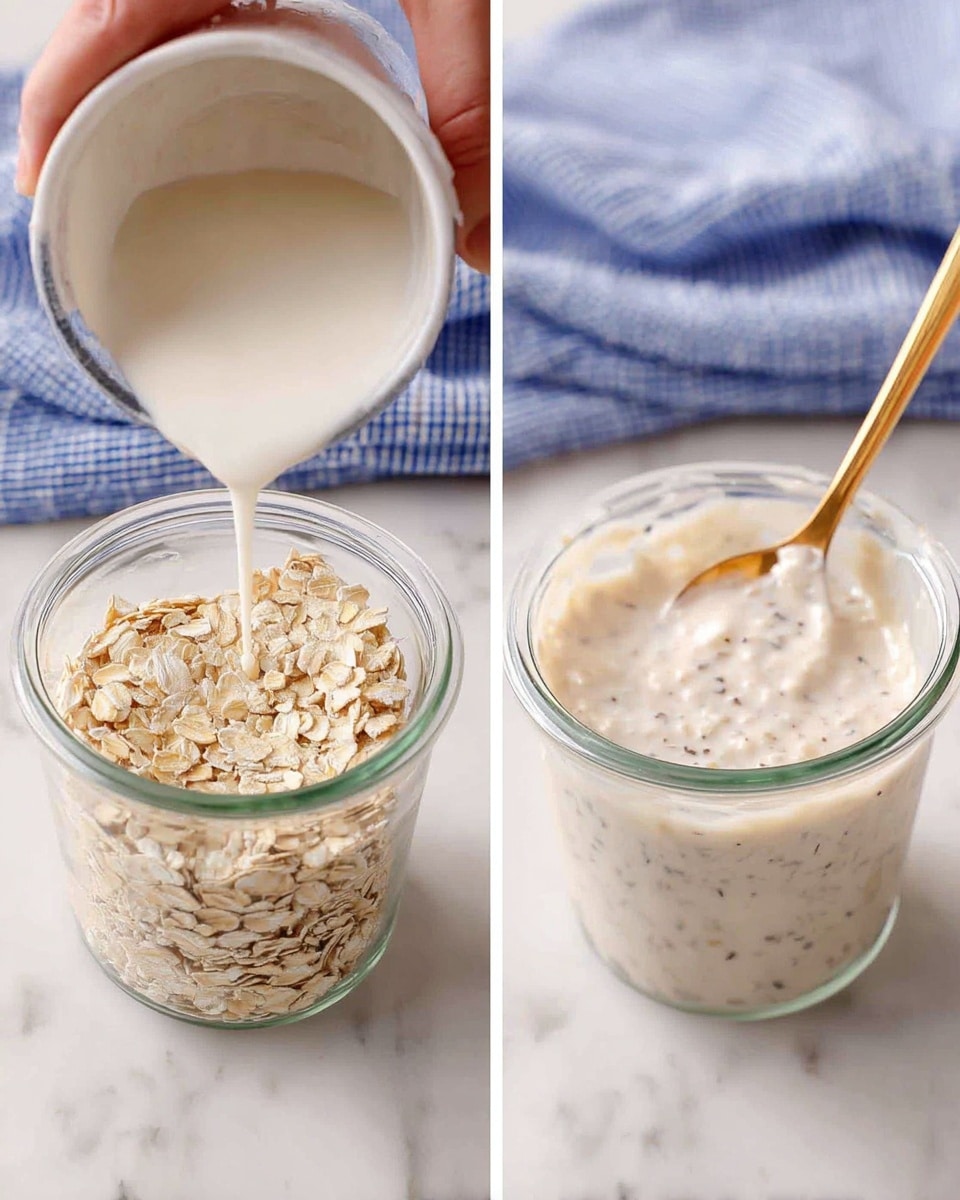 The image shows two side-by-side pictures of a small glass jar containing oatmeal. On the left side, a woman's hand is pouring white liquid over dry, light tan rolled oats inside the jar, which is placed on a white marbled surface next to a blue and white cloth. On the right side, the jar is filled with a creamy, thick mixture of oats and liquid, with a gold spoon stirring the smooth, slightly speckled surface. The colors are soft and natural, highlighting the textures of dry oats and the creamy mixture inside the clear glass jar. photo taken with an iphone --ar 4:5 --v 7