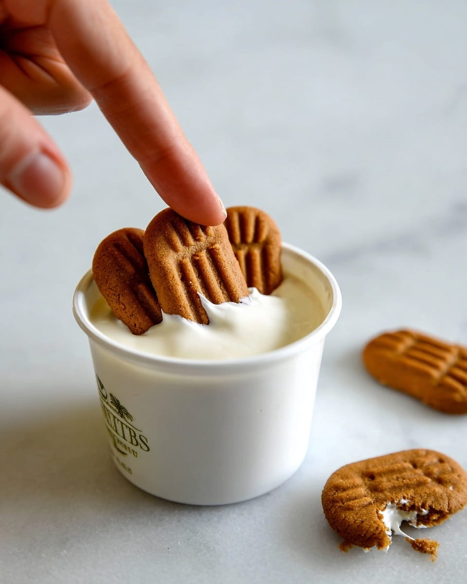 A white container filled with smooth, creamy vanilla yogurt holds three vertical ginger snap cookies partially dipped in it, the cookies are brown and textured with ridges. A woman's finger gently presses on the yogurt next to the cookies. Three additional ginger snap cookies are placed on a white marbled surface in the background, two of which have bites taken out of them. The focus is on the yogurt container and finger, with a soft, clean look. photo taken with an iphone --ar 4:5 --v 7