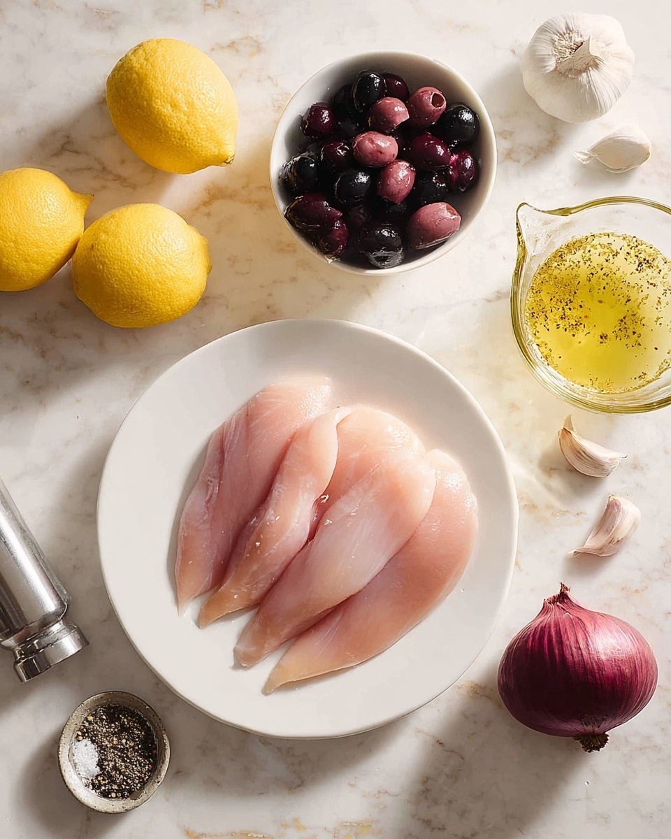 The image shows a white plate with four raw, pink chicken fillets arranged side by side with a soft, smooth texture. Around the plate on a white marbled surface are two bright yellow lemons positioned together, a small white bowl filled with dark purple and shiny olives, and a glass measuring cup containing light yellow liquid with visible herbs. There is a whole red onion with a papery red outer skin near the bottom right, along with a few unpeeled garlic cloves arranged near the top right. A small silver dish with black pepper and coarse salt sits above the chicken plate, and a silver pepper grinder rests near the bottom right corner. The lighting is soft and natural, highlighting the fresh ingredients. photo taken with an iphone --ar 4:5 --v 7